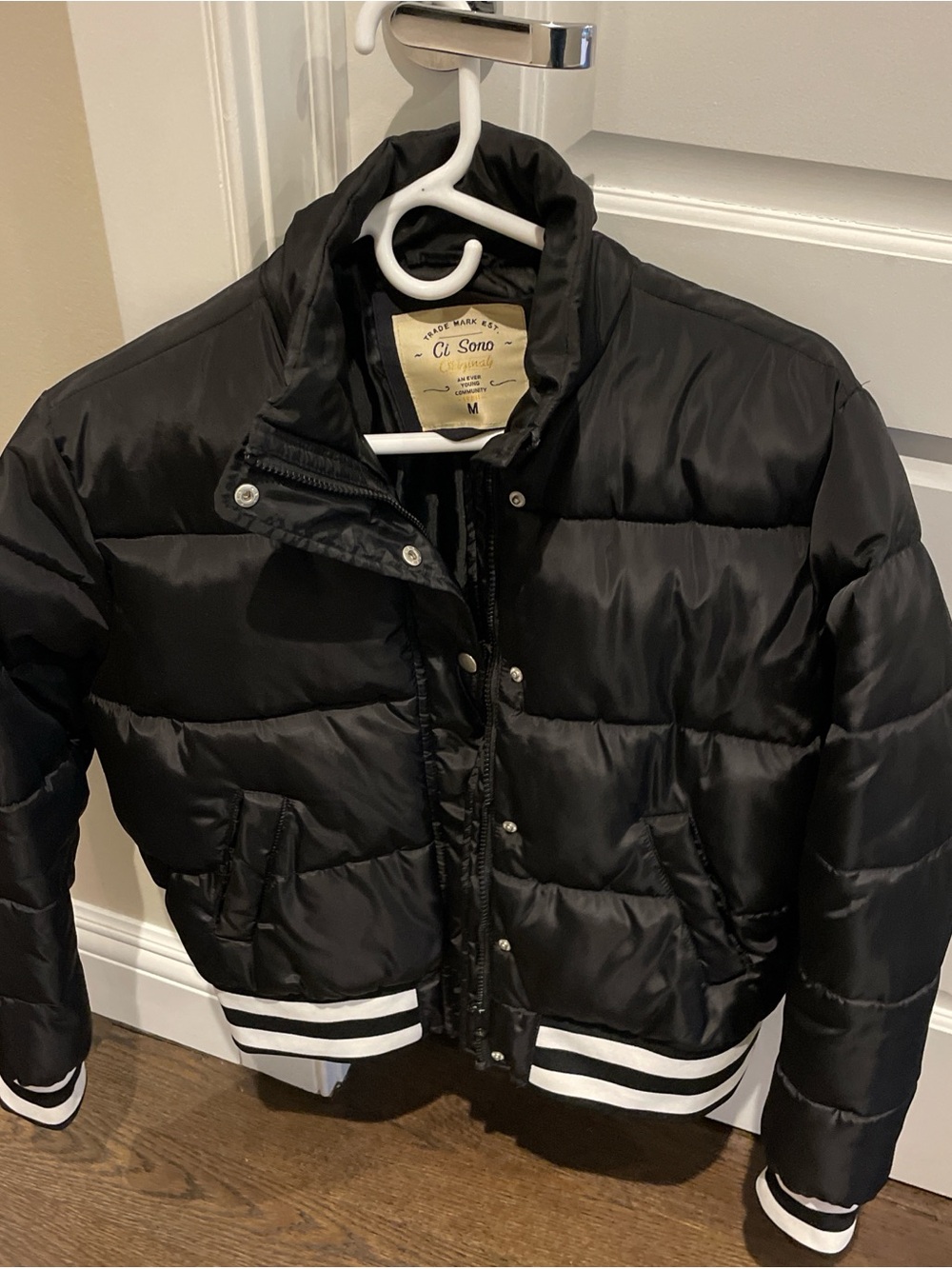 Ci Sono Black Puffer Bomber Jacket with White Trim